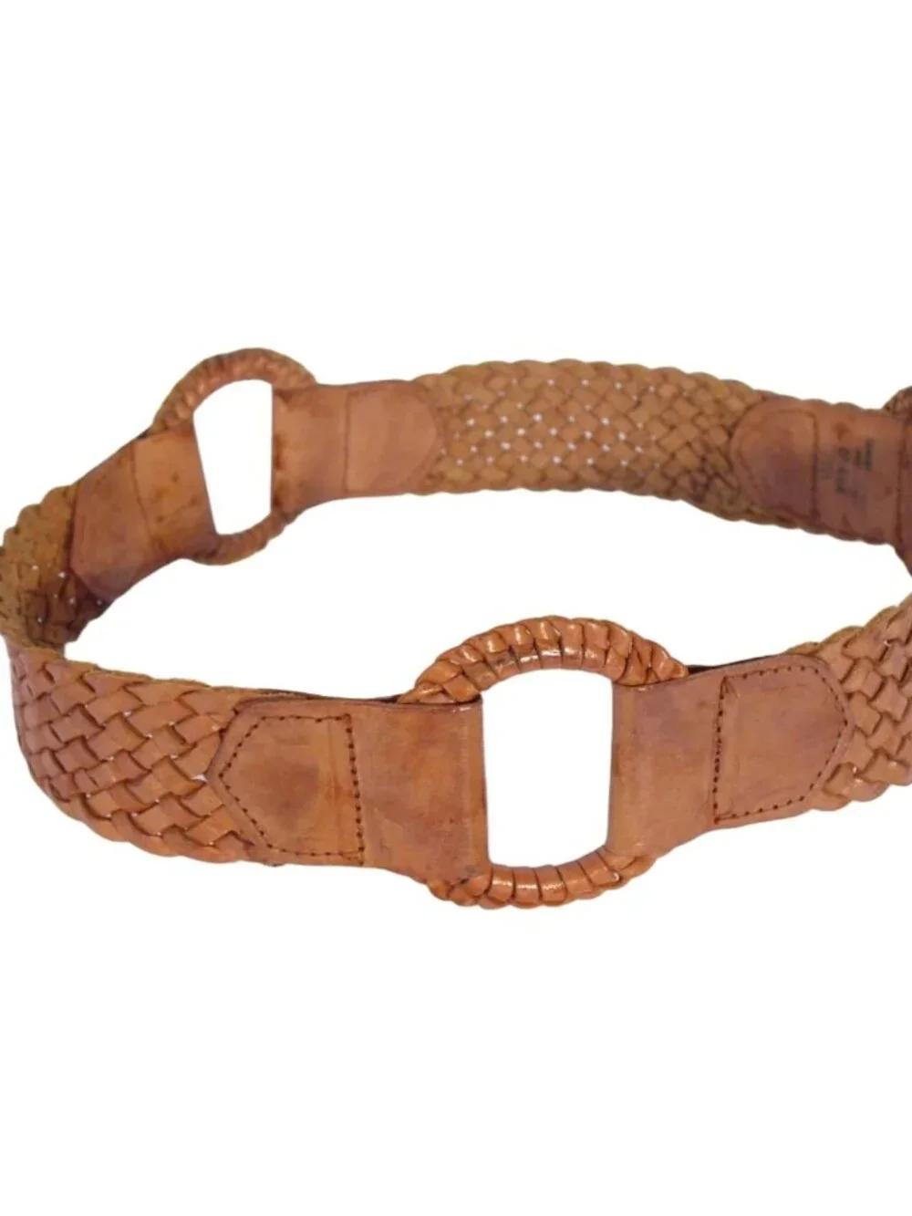 HANDWOVEN Tan Leather Braided O-Ring Belt Women's M - Picture 3 of 6